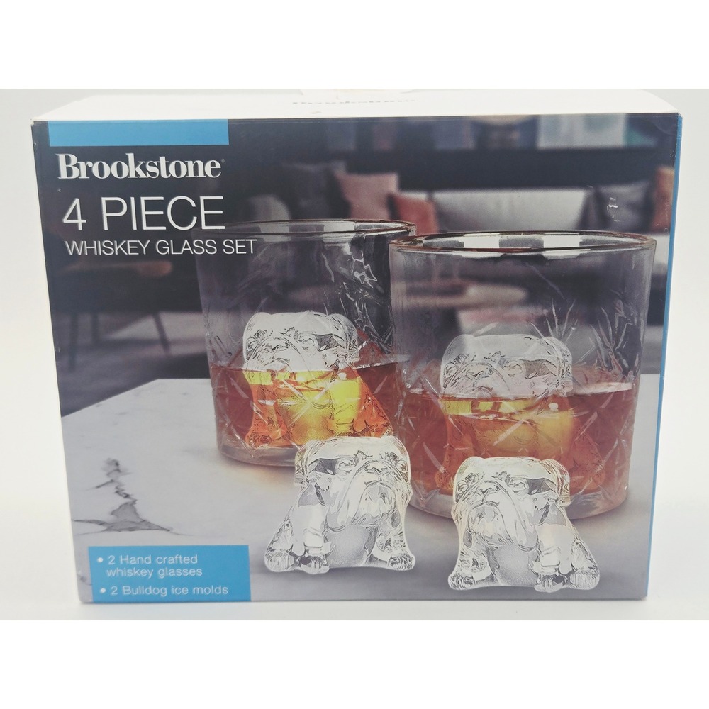 Brookstone 4 Piece Whiskey Glass Set Gold Trim with 2 Bulldog Ice Molds NEW